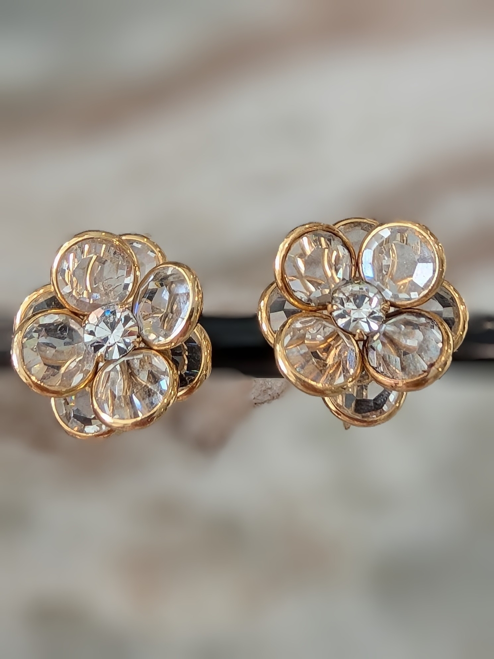 Vintage Gold-Tone Clear Crystal Floral Clip-On Earrings